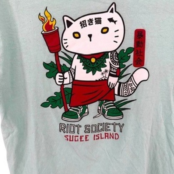 Riot Society Sugee Island Lucky Cat Mint Pastel Green T Shirt-Size L - Picture 4 of 5